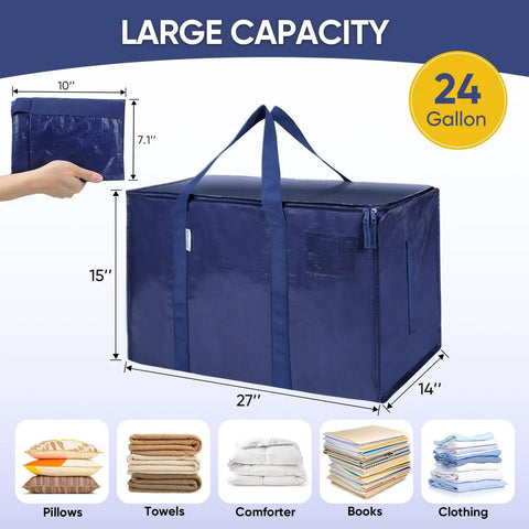 Six Pack Extra Large Moving Bags Heavy Duty With Zippers And Carrying Handles Tough As Nails Waterproof Storage Bags For Moving Camping And Closet Organization Navy 27 By 14 By 15 Inches Up To 24 Gallons And 100 Lbs showing size and use illustration