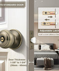 Privacy Door Knob Lock Set For Interior Bedroom And Bathroom Doors Keyless Turn Button Privacy Round Ball Handle In Antique Brass Stainless Steel Durability 5 Pack, showing adjustable latch and standard door fit