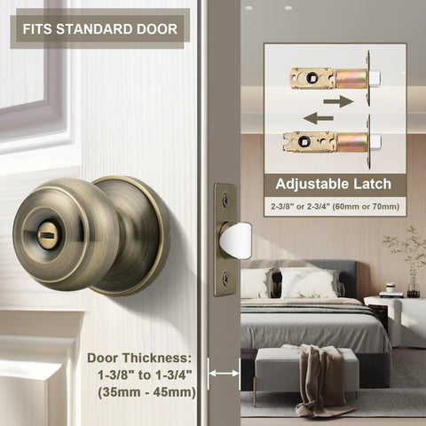 Privacy Door Knob Lock Set For Interior Bedroom And Bathroom Doors Keyless Turn Button Privacy Round Ball Handle In Antique Brass Stainless Steel Durability 5 Pack, showing adjustable latch and standard door fit