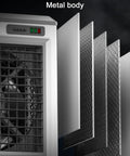Heavy Duty Evaporative Air Cooler And Industrial Swamp Unit With Massive Water Tank Dual Oscillating Fans with metal body and cooling pads.