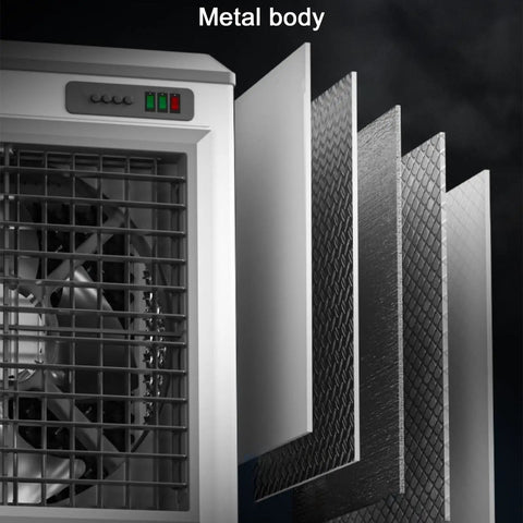 Heavy Duty Evaporative Air Cooler And Industrial Swamp Unit With Massive Water Tank Dual Oscillating Fans with metal body and cooling pads.