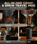 Portable All-In-One Coffee Maker With Built-In Battery And Grinder, showing grinder, dripper, kettle, and insulated mug