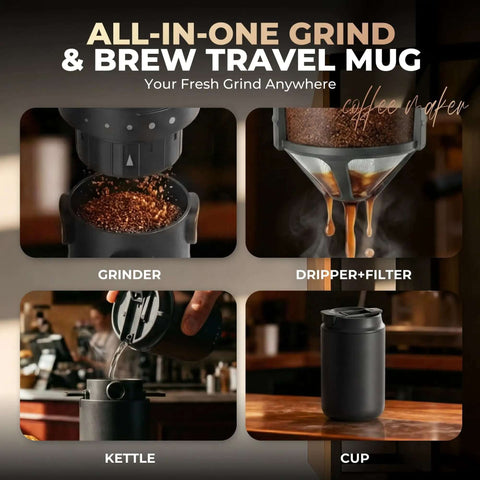 Portable All-In-One Coffee Maker With Built-In Battery And Grinder, showing grinder, dripper, kettle, and insulated mug