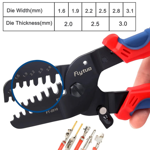 Open Barrel Wire Crimper For JAM Molex Tyco JST Connectors Works With AWG24-12 showing die widths and thickness options