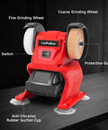 The No Fuss Cordless Mini Bench Grinder Polisher with Dual Grinding Wheels on a table, showing fine and coarse wheels.