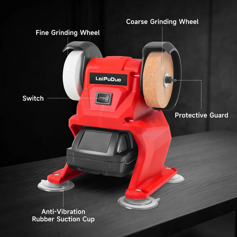 The No Fuss Cordless Mini Bench Grinder Polisher with Dual Grinding Wheels on a table, showing fine and coarse wheels.