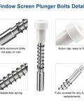 Top Tier Window Screen Plunger Latches With Snappy Aluminum Pins And Heavy Duty Coils For Patio Screens 5/32 Inch By 1 Half Inch Replacement Kit featuring durable aluminum bolts and nylon caps.