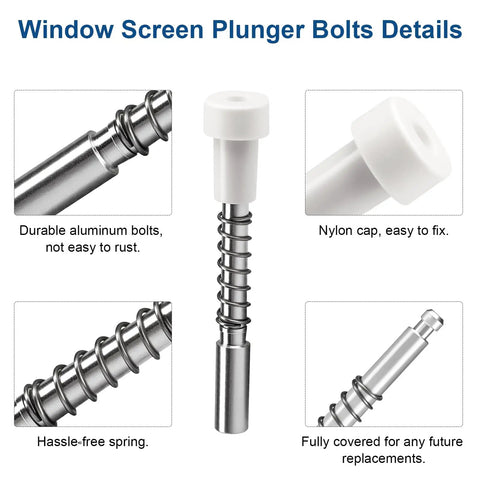 Top Tier Window Screen Plunger Latches With Snappy Aluminum Pins And Heavy Duty Coils For Patio Screens 5/32 Inch By 1 Half Inch Replacement Kit featuring durable aluminum bolts and nylon caps.