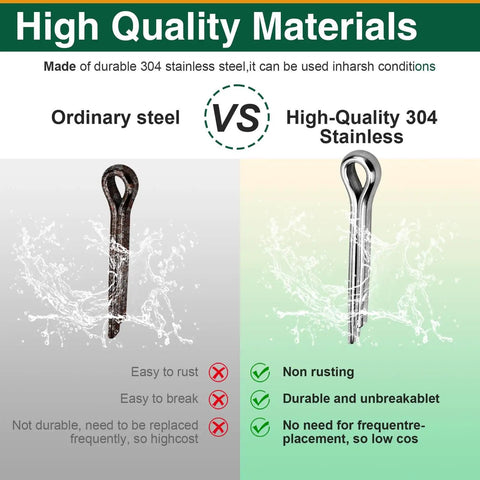 Comparison of ordinary steel vs 304 stainless steel cotter pin in 200 Piece Cotter Pin Assortment Kit Heavy Duty With Stainless Steel R Clips And Hitch Pin Clips In 6 Sizes For Trailer Tractor And Automotive Repair And Maintenance
