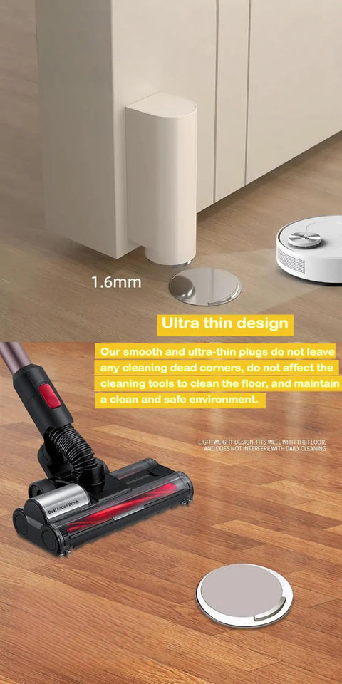 Vacuum cleaning around a 2 Pack Magnetic Door Stopper Set Black Stainless Steel No Drill Stick On Floor Mount With Strong Adhesive Tape.