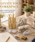 Gold Marble Desk Accessory Set 13-Piece For Women, Cute Aesthetic Office Essentials Kit For A Chic Desk Setup, items on wooden desk