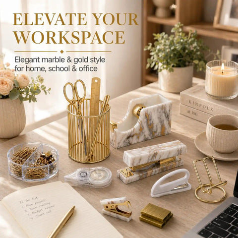 Gold Marble Desk Accessory Set 13-Piece For Women, Cute Aesthetic Office Essentials Kit For A Chic Desk Setup, items on wooden desk