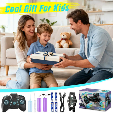 Family gift scene with box labeled 'Gesture Sensing Remote Control Car With Dual Mode Control, 4WD Hand Controlled Transforming Stunt Vehicle.'