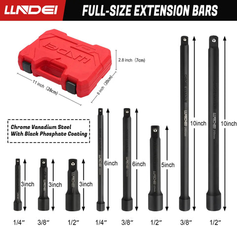 Heavy Duty Socket Set With One Quarter Inch Drive One Half Inch Drive And Three Eighths Inch Drive 43 Piece Kit extension bars sizes