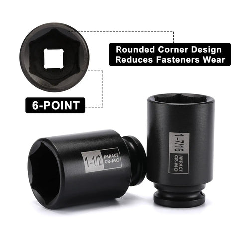 7-Piece 1/2 Inch Drive Deep Impact Socket Set SAE Range 1-3/8 Inch Through 1-3/4 Inch, 6-Point Sockets for Heavy Duty, two sockets detail