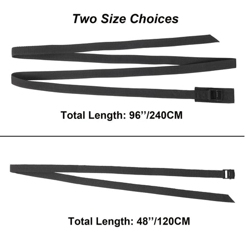 Two size choices of Workhorse Cam Buckle Tie Down Straps With Adjustable Cinch, 0.75 Inch Wide By 48 Inch Long, Black, 4 Pack.