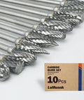 Front view of 10-piece carbide burr set with 1/8-inch shanks and double-cut bits for metal wood stone plastic.