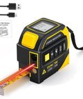 4-In-1 Digital Laser Tape Measure With 328 Ft Range And 16 Ft AutoLock Tape, Dual-Axis Leveling, Cross-Line Leveling, Class II Laser Output Under 1 mW, Built For DIYers, Pros, And Home Reno Projects. Black and yellow laser tape measure with tape extended and USB cable