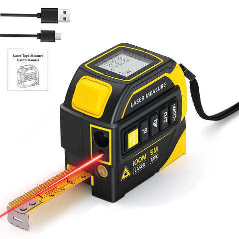 4-In-1 Digital Laser Tape Measure With 328 Ft Range And 16 Ft AutoLock Tape, Dual-Axis Leveling, Cross-Line Leveling, Class II Laser Output Under 1 mW, Built For DIYers, Pros, And Home Reno Projects. Black and yellow laser tape measure with tape extended and USB cable
