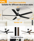 52 Inch Ceiling Fan With Lights And Remote, Black Finish, Reversible 5 Blade Design With Black And Natural Wood Sides