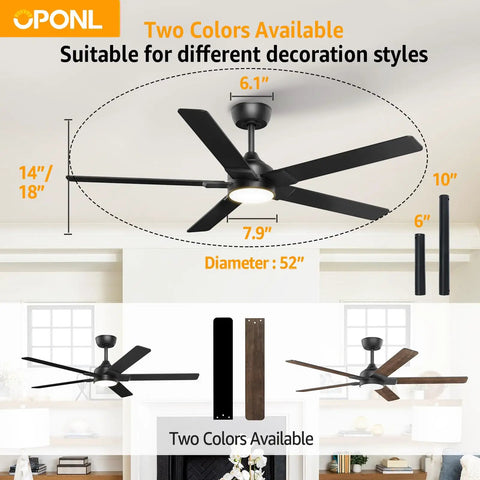 52 Inch Ceiling Fan With Lights And Remote, Black Finish, Reversible 5 Blade Design With Black And Natural Wood Sides