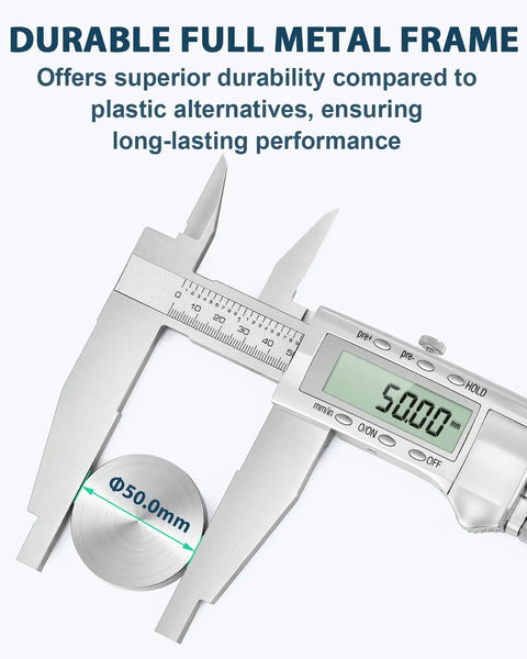12 Inch Digital Caliper With 4 Inch Jaw Depth Pro Grade Metal Frame Large LCD Screen measuring 50mm diameter object