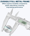 20 Inch Digital Caliper With 4 Inch Jaw Depth, Full Metal Frame, Large LCD Screen showing measurement with metal object