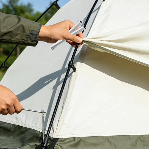 Person repairing tent with Five Pack Aluminum Tent Pole Repair Sleeves Replacement Connectors for Camping Poles Portable Rod Repair Kit.