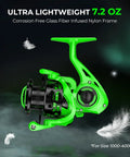 Green reel from Zephyr Dual Tip Spinning Rod And Reel Go-To Combo, 7ft Medium And Medium-Heavy, 3000 Reel, UL weight label.