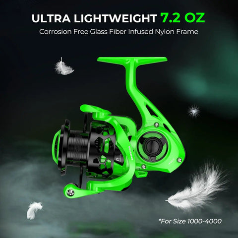 Green reel from Zephyr Dual Tip Spinning Rod And Reel Go-To Combo, 7ft Medium And Medium-Heavy, 3000 Reel, UL weight label.