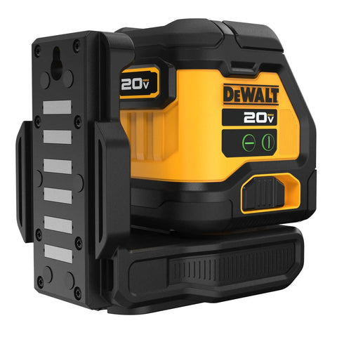 20V Max Green Cross Line Laser Level Bare Tool Only Handy Workhorse For Pros 180 Ft Visibility 330 Ft With Detector One Eighth Inch At 30 Ft Dual Green Beams Sixteen Hour Runtime On Two Ah Battery Class 2, side view