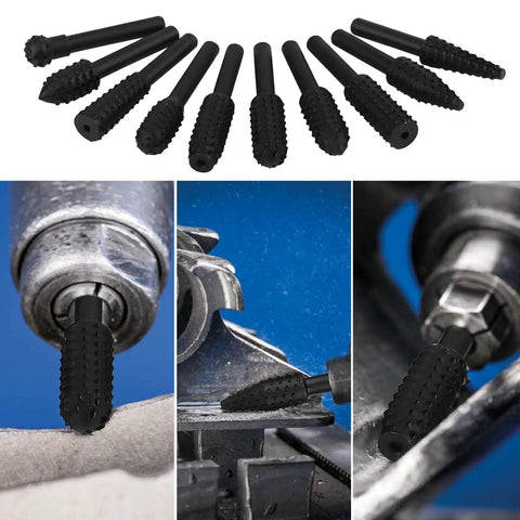 Roll Up Your Sleeves And Get Work Done Fast With This Rock Solid 10 Piece Rotary Rasp File Set Featuring A Standard Quarter Inch Hex Shank with various shapes.