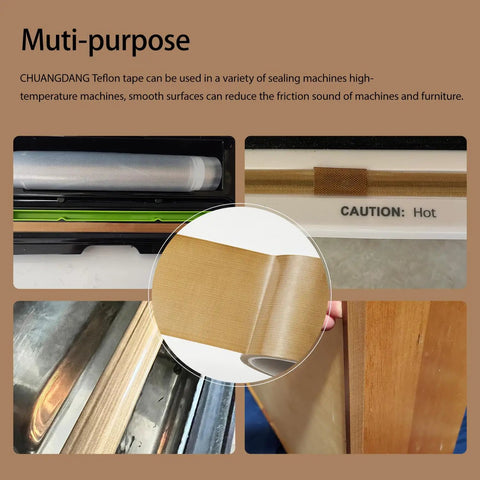 Collage showing uses of PTFE Coated Glass Cloth Tape 1 Inch By 33 Feet 0.18mm High Temperature Adhesive Tape on machines