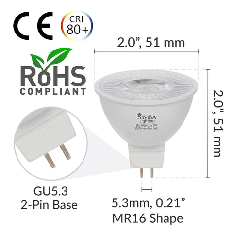 Diagram of MR16 5W LED Bulbs 12V Low Voltage GU5.3 Bipin 6 Pack Easy Swap Warm White 2700K 400 Lumens Halogen Replacement