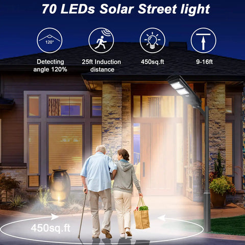 Super Bright 200W Solar Street Lights Outdoor With Motion Sensor Dusk to Dawn Waterproof Flood Lights illuminating a walkway.