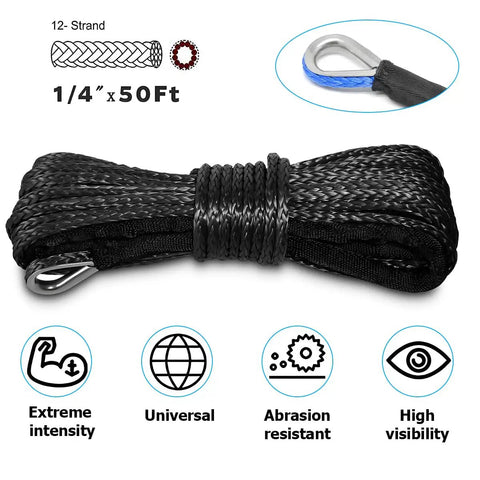 Off Road Ready Synthetic Winch Rope Kit One Quarter Inch By Fifty Feet 10000 Lbs Towing Strength Heavy Duty Vehicle Winch Cable