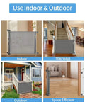 Retractable Baby Gate For Stairs And Doorways, 33-Inch Height, Expands Up To 55-Inch Width, shown in various installations.