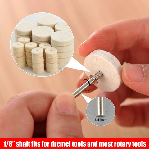 Close-up of a 140 Piece Polishing Kit for Rotary Tools with one eighth inch shank and buffing wheels for DIY projects.