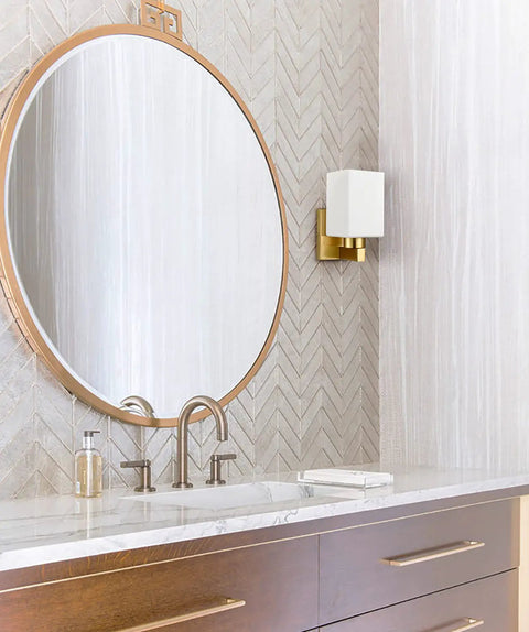 Two Pack Brass Wall Sconce Light Fixtures With Milky White Glass Shades For A Sleek Modern Bathroom Vanity