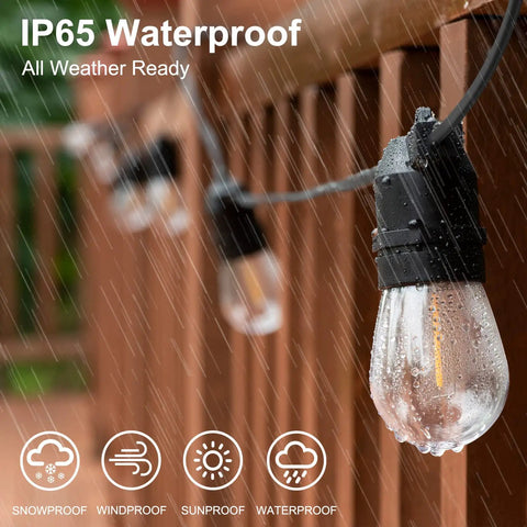 Two Pack 27 Ft Outdoor String Lights S14 LED Warm White IP65 waterproof in rain on wooden deck rail