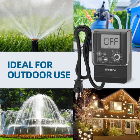 Heavy Duty Digital Outdoor Timer With Waterproof Dial Programming And Two Grounded Outlets On A 2 Ft Extension Cord For No Fuss Light Control And Six Schedule Options That Turn Backyard Projects Into A Total Breeze showing timer beside fountain and lights.