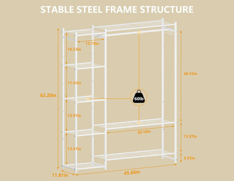 Dimensions of The Go To Portable Wardrobe Closet And Clothes Rack With Four Tier Shelves For Folded Fits And Bags Plus A Double Layer Shoe Rack That Holds Fourteen Pairs and plenty of hanging spots.