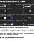 Instructions for setting up Sixteen Inch 18W RGB LED Light Bars Kit With App Control And Remote, showing app connection steps.