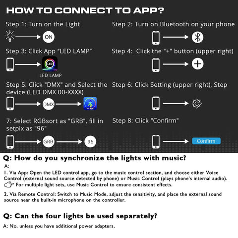 Instructions for setting up Sixteen Inch 18W RGB LED Light Bars Kit With App Control And Remote, showing app connection steps.