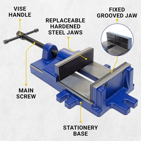 Image of Built Tough 6 Inch Drill Press Vise With Heavy Duty Stationary Base, highlighting replaceable hardened steel jaws.