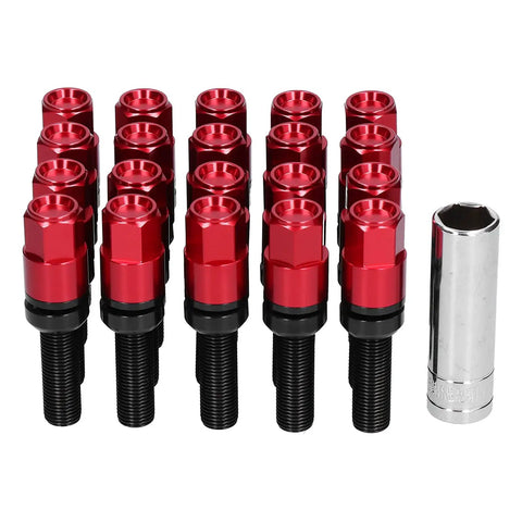 Rock Out With These 21 PC Extended Lug Kit Nuts Featuring M14x15 Thread Fitment For Serious Auto Mods and Style Upgrades That Slam Your Ride Down Low With Maximum Grip And Durability On The Block. Red aluminum M14x1.5 lug nuts with socket