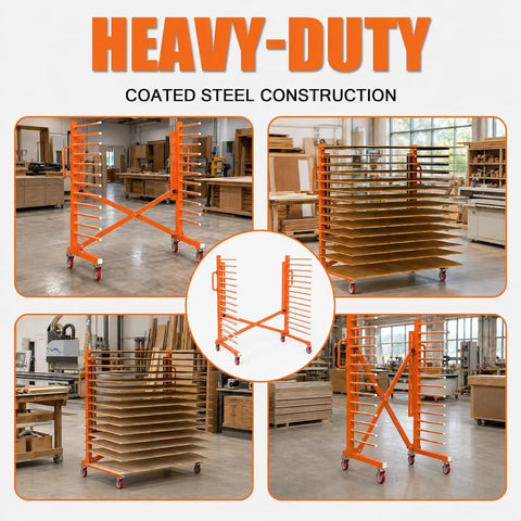Heavy Duty Expandable Paint Drying Rack For Cabinet Doors With Smooth Casters And Hella Solid Steel Frame For Commercial Millwork And Serious Woodworking Projects Daily in workshop setting.