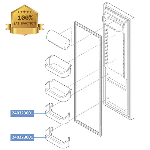 Diagram of refrigerator with labeled parts, showing placement of white replacement shelves. Two Pack Refrigerator Door Bin Shelves For Frigidaire And Electrolux White Replacement Bottom Two Shelves Fits AP2115741 AH429724 EA429724 PS429724 240323007 Easy Install No Fuss Durable Plastic.