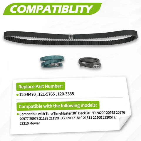 Three Piece Lawn Mower Deck Drive Belt Kit For Toro TimeMaster 30 Inch Deck 20199 20200 20975 shown with compatibility details