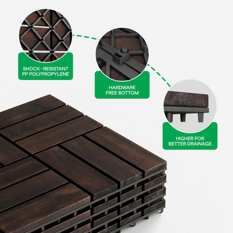 Interlocking Deck Tiles For Indoor And Outdoor Use Waterproof Acacia Wood Patio Tiles Dark Brown Checker Pattern 11.81 Inch Squares Ten Tile Set Easy No Tool Installation For Quick DIY Patio Or Balcony Upgrade